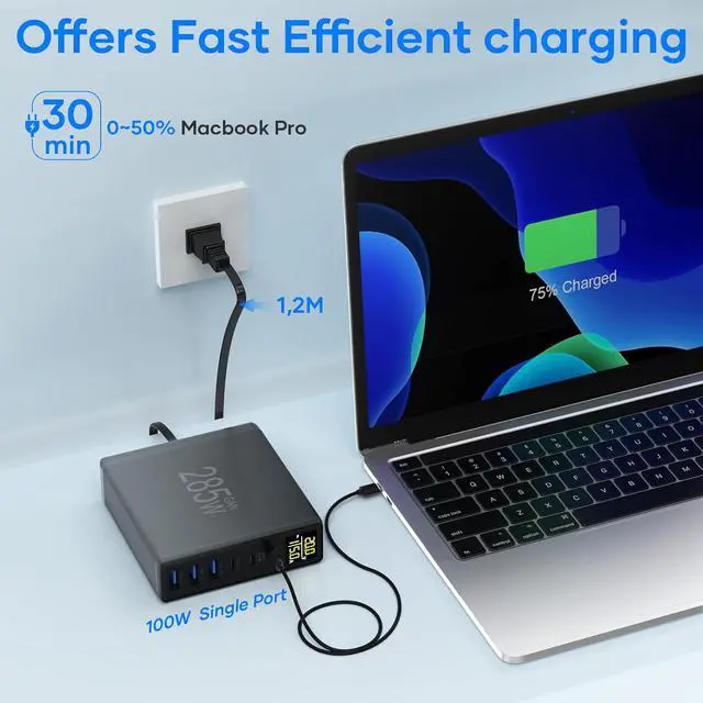 Alt view image 4 of 7 - 285W USB C Charger Block 6 Ports Multiple USB Charging Station with Digital LCD Dispaly GaN Fast 100W USB C Charger for MacBook Laptops Multiport USB Charger for i Pad i Phone  Black