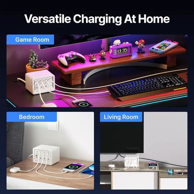 Alt view image 4 of 7 - 12-in-1 Desktop Charging Station with 4 Retractable Wall Chargers 40W USB-C Power Strip with 4 AC 4 USB C 4 Type-C 31.5in Cables Extension Cord with 1020J Surge Protection for Home Office