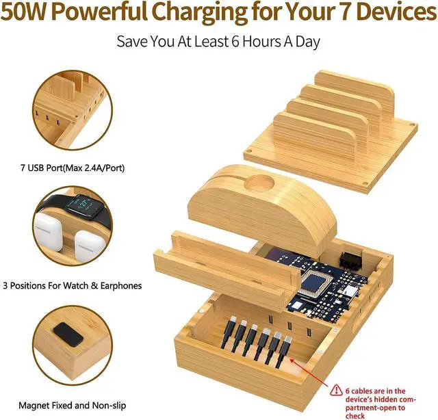 Alt view image 2 of 7 - Bamboo Charging Station for Multiple Devices Wood Desktop Docking Station 7-Port Multi-Charger Organizer Fast USB Charger Compatible with iPhone iPad AirPods iWatch Cell Phone Tablet