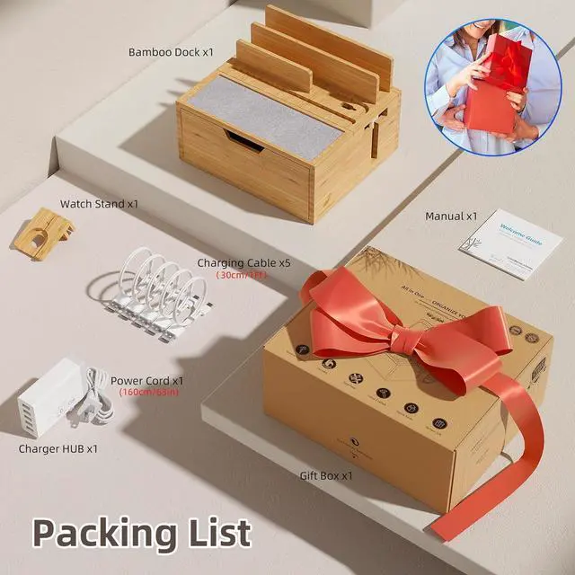 Alt view image 3 of 7 - Multi-Device Charging Station Dock & Organizer with Power Supply (5 Ports HUB) and Cables Bedside Docking Station with Drawer Compartment -Natural Bamboo