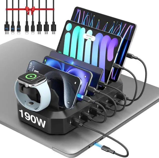 Main image of 190W Fast Charging Station for Multiple DevicesEfficient & Safe Charging 6 Port USB Charger Station - Family Multi-Device Organizer Charging Dock Compatible with iPhone/Android/MacBook/iPad/Tablet