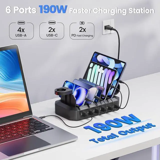 Alt view image 2 of 7 - 190W Fast Charging Station for Multiple DevicesEfficient & Safe Charging 6 Port USB Charger Station - Family Multi-Device Organizer Charging Dock Compatible with iPhone/Android/MacBook/iPad/Tablet