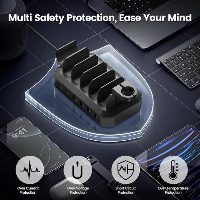 Alt view image 4 of 7 - 190W Fast Charging Station for Multiple DevicesEfficient & Safe Charging 6 Port USB Charger Station - Family Multi-Device Organizer Charging Dock Compatible with iPhone/Android/MacBook/iPad/Tablet