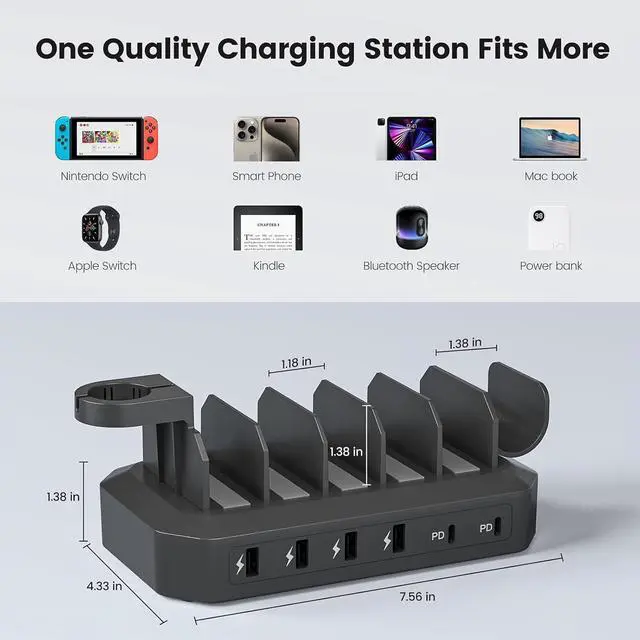 Alt view image 7 of 7 - 190W Fast Charging Station for Multiple DevicesEfficient & Safe Charging 6 Port USB Charger Station - Family Multi-Device Organizer Charging Dock Compatible with iPhone/Android/MacBook/iPad/Tablet