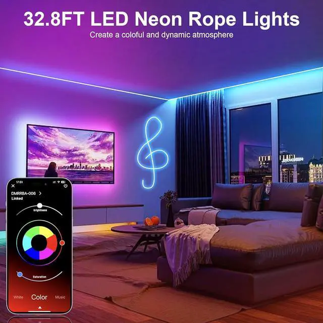 Alt view image 2 of 7 - 32.8FT Neon LED Rope Lights IP67 Waterproof LED Lights for Bedroom Flexible LED Light Strip with Remote and APP Control RGB Lighting Strip for Indoors Outdoors Bedroom Room Home Decor