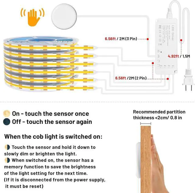 Alt view image 6 of 6 - 6.56ft COB LED Strip Light 6 Rolls of 3000K Flexible COB LED for Acoustic Panel and Wood Slat Wall Panels Parallel with Dimmable Touch Sensor Switch Cuttable for Wood Slat Lighting Shelf
