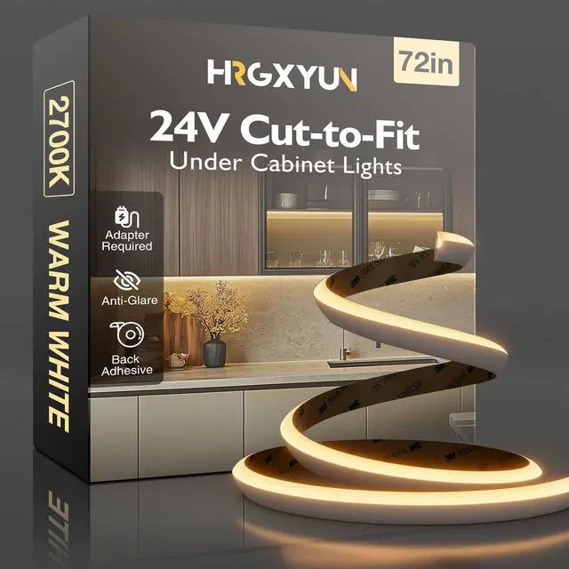 Main image of Under Cabinet Lighting LED Strip - 24V Flexible Under Shelf Light with Adhesive Backing 2700K Warm White 810LM/M for Closet Pantry 72in/6ft (Cut-to-Size) Hardwired No Power Supply