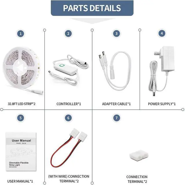 Alt view image 7 of 7 - Led Strip Lights 65.6ft Warm White Dimmable Led Light Strip Flexible Rope Lights Kits with 24v Etl Power Supply Adhesive Clips Dimmer Switch and Connectors for Indoor Decor
