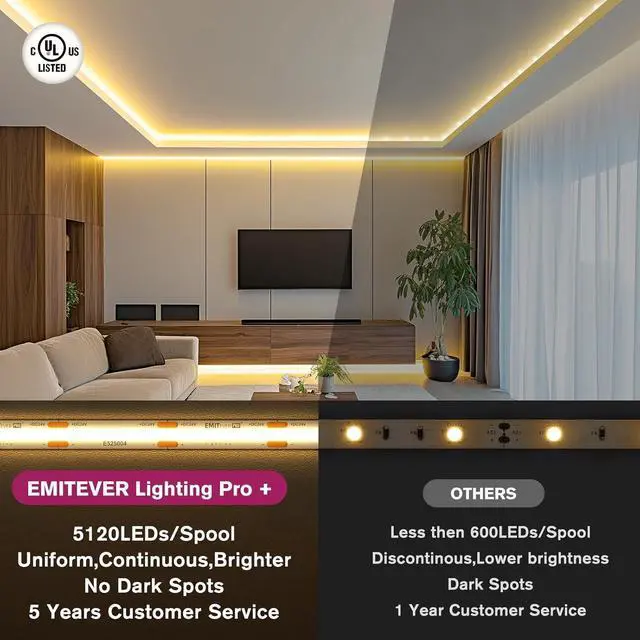 Alt view image 3 of 7 - COB LED Strip Lights Warm White 3000K Tape Light Premium High Density DC 24V 400+Lumens/ft 5120LEDs/Spool Ra 90+ 32.8ft/10m UL Listed 5 Year After-Service(Power Supply Sold Separately)