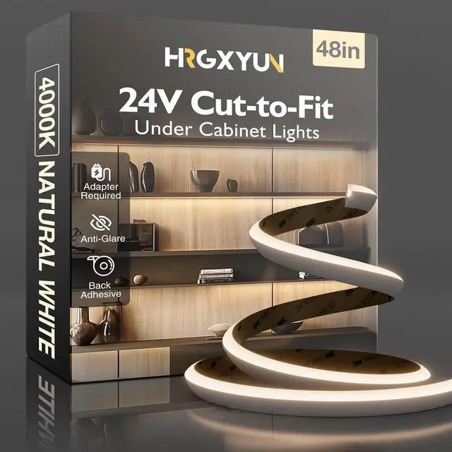 Main image of Under Cabinet Lighting LED Strip - 24V Flexible Under Shelf Light with Adhesive Backing 4000K Neutral White 810LM/M LED Strip for Closet Pantry 48in/4ft (Cut-to-Size) Hardwired No Power Supply