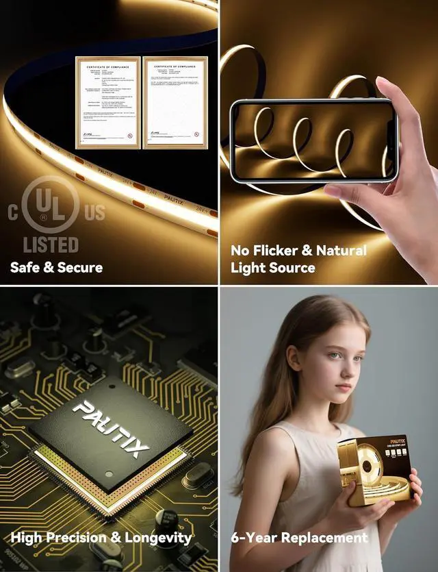 Alt view image 5 of 7 - COB LED Strip Light 16.4ft Engineering Level UL Listed Warm White 2700K CRI93+ Super Bright High Lumen Dimmable 24V Flexible LED Tape Light with RF Remote for Cabinets Home&Office DIY Lighting