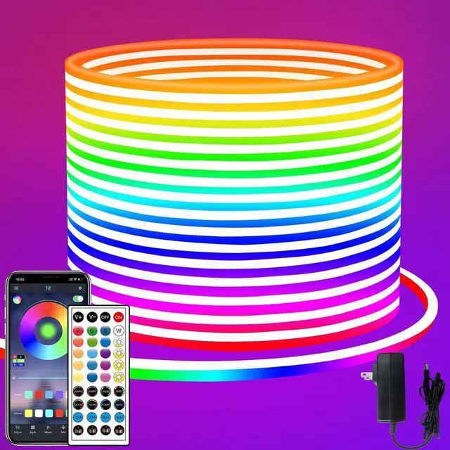 Main image of LED neon Lights Strip 66ft DC 24V RGB LED neon Light Strip APP Remote Controls Control Waterproof Flexible Neon LED Rope Lights for Bedroom Playroom Outdoors Décor