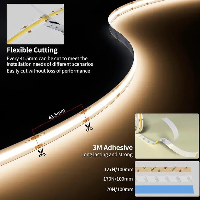 Alt view image 5 of 7 - COB LED Strip Light 3087LEDs 20ft/6.1m Natural White 4000K CRI90+ Super Bright High Lumen Lead-Free Material 24V Flexible LED Tape for Home&Office DIY Lighting Project(Adapter Not Included)