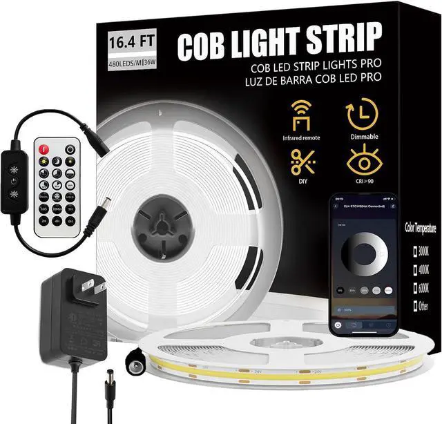 Main image of COB LED Strip Light 16.4ft Warm White 6000K CRI93+ Super Bright High Lumen Dimmable 24V Flexible LED Tape Light with RF Remote for Cabinets Bedroom&Office DIY Lighting