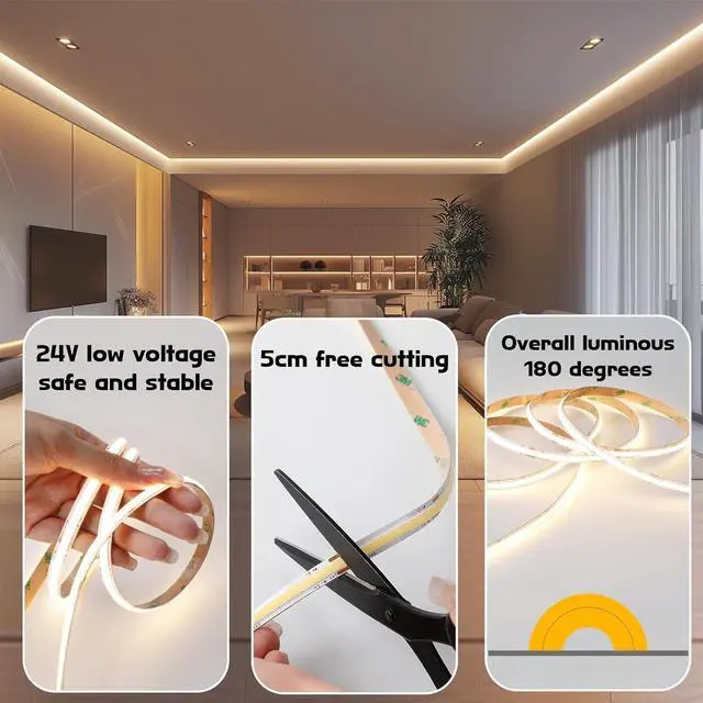 Alt view image 6 of 7 - COB LED Strip Light 16.4ft Warm White 6000K CRI93+ Super Bright High Lumen Dimmable 24V Flexible LED Tape Light with RF Remote for Cabinets Bedroom&Office DIY Lighting