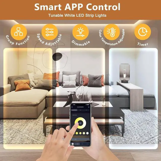 Alt view image 2 of 7 - White LED Strip Lights Upgraded 100ft Dimmable 2700K-6500K Bright 24V LED Light Strip with Remote and App Control 1440 LEDs Flexible Tape Lights for Living Room Bedroom Kitchen Ceiling