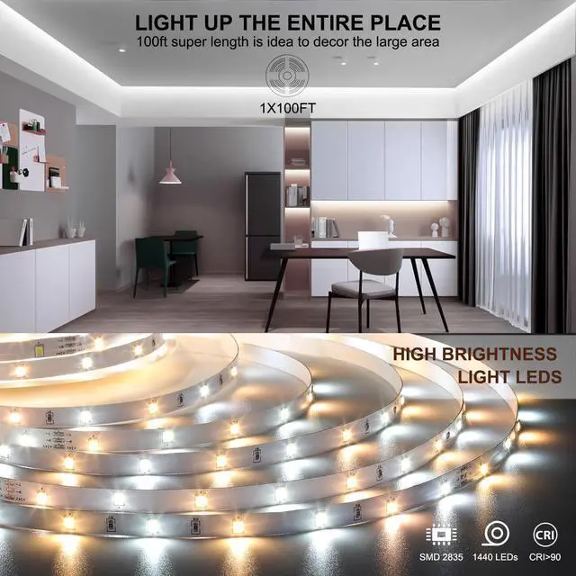 Alt view image 4 of 7 - White LED Strip Lights Upgraded 100ft Dimmable 2700K-6500K Bright 24V LED Light Strip with Remote and App Control 1440 LEDs Flexible Tape Lights for Living Room Bedroom Kitchen Ceiling