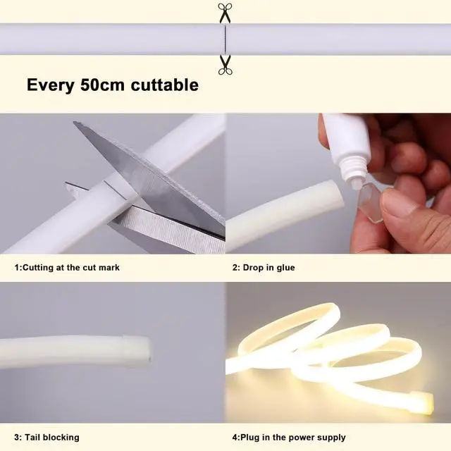 Alt view image 7 of 7 - AC 110V COB LED Strip Lights Outdoor Waterproof 65.6ft 4000K Natural White Super Bright 200W CRI 90+ LED Rope Light IP65 Flexible Cuttable for Bedroom Garden Commercial House