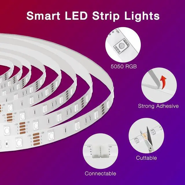 Alt view image 6 of 7 - 100 ft Smart WiFi Led Lights Led Strip Lights Work with Alexa and Google Assistant App Voice Remote Control Music Sync Color Changing RGB Strip Lighting for Bedroom Room Decor 50 ft *2