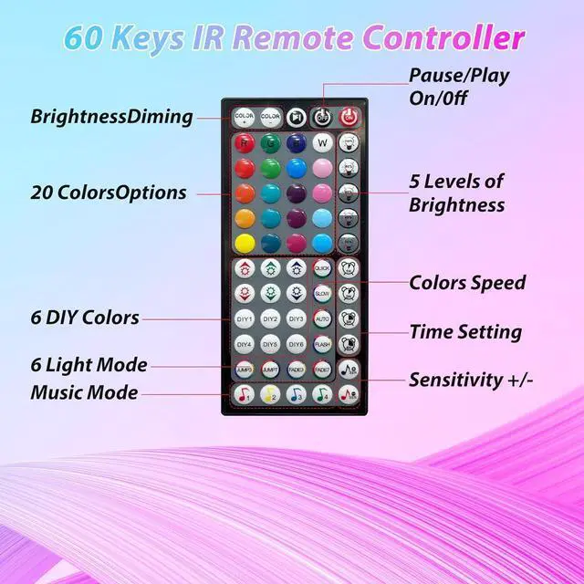 Alt view image 5 of 7 - Led Lights for Bedroom 250ft (2 Rolls of 125ft) Color Changing RGB Led Strip Lights with 60 Keys Remote and App Control Music Sync Led Lights for Room Kitchen Party Home Decor