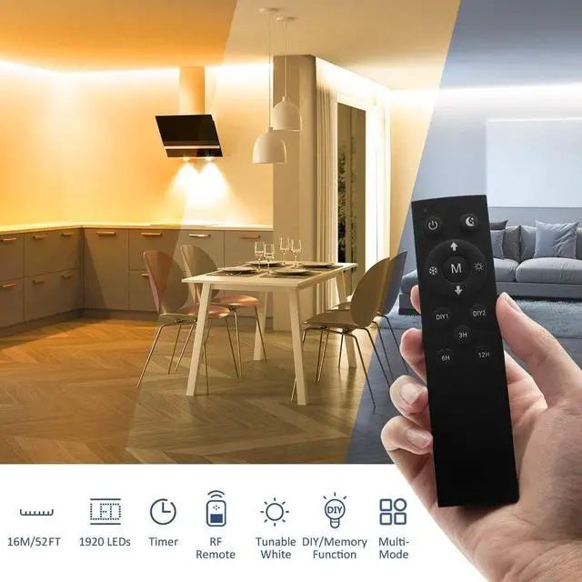 Alt view image 5 of 7 - LED Strip Lights White 52.5ft 24V Dimmable 3000K-6000K LED Tape Rope Light with Remote Flexible 2835 LED Ribbon for Kitchen Under Cabinet Mirror Room Indoor Home Daylight Warm White