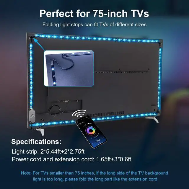 Alt view image 6 of 7 - LED Lights for TV 16.4 ft TV LED Backlight for 55-75 Inch RGB LED Strip Lights Behind TV with APP Remote Control Music Sync Smart Led Ambient Lighting for Bedroom Gaming Room Decor