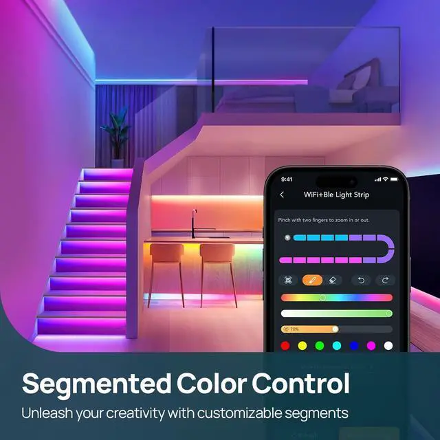 Alt view image 3 of 7 - LED Strip Lights RGB 10ft Smart Light Strip Work with Alexa and Google Home App Control Music Sync Segmented Color Changing Led Lights for Bedroom Kitchen