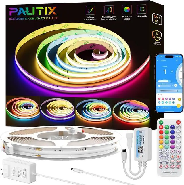 Main image of RGB Smart IC COB LED Strip Light Addressable 16.4ft/5m UL-Listed 24V Color Flowing Strip Light Multicolor Flexible Tape Light Kit with APP Control/Music Mode for TV Bedroom Party DIY Decoration