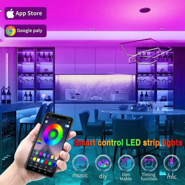 Alt view image 7 of 7 - 65.6ft Led Strip Lights Led Light Strips Music Sync Color Changing Led Lights with App Control and Remote Led Lights for Bedroom Party Home Decoration