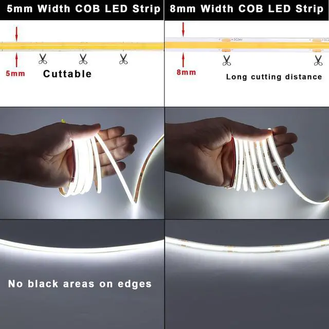 Alt view image 3 of 7 - 12V Thin 5mm COB LED Strip Light 6000K Cool White 16.4ft Bright 4000Lm CRI>90 Uniform Dotless 400LEDs/M Adhesive Flexible Cuttable LED Tape for DIY Bedroom Under Cabinet Lighting