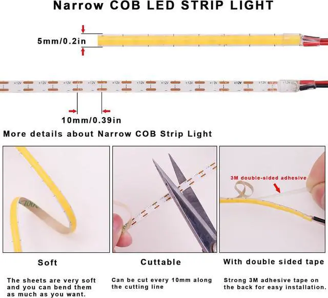 Alt view image 5 of 7 - 12V Thin 5mm COB LED Strip Light 3000K Warm White 16.4ft Bright 4000Lm CRI>90 Uniform Dotless 400LEDs/M Adhesive Flexible Cuttable LED Tape for DIY Bedroom Under Cabinet Lighting