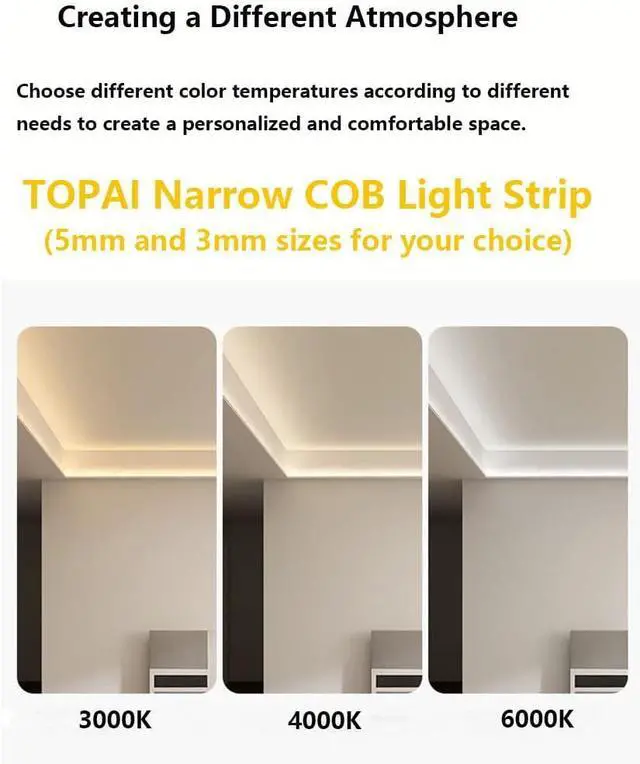 Alt view image 7 of 7 - 12V Thin 5mm COB LED Strip Light 6000K Cool White 16.4ft Bright 4000Lm CRI>90 Uniform Dotless 400LEDs/M Adhesive Flexible Cuttable LED Tape for DIY Bedroom Under Cabinet Lighting