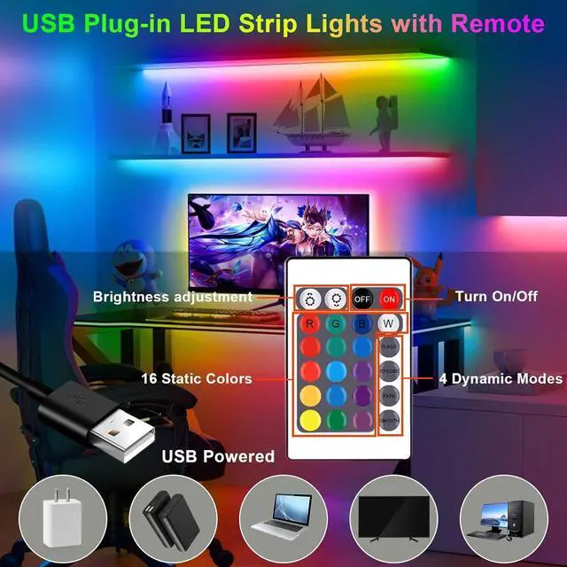 Alt view image 3 of 6 - LED Strip Lights 6.56Ft RGB LED Lights Strip for 40-60in TV Backlight RGB Color Strips Light Waterproof IP65 with Remote USB Bias LED Lights Kit for Bedroom PC Monitor Mirror Cabinet Desk