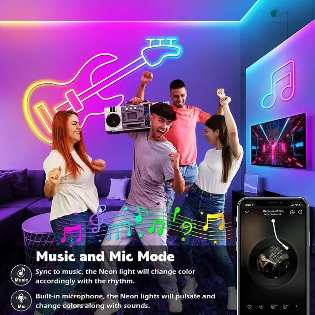 Alt view image 3 of 7 - 32.8Ft Neon Rope Lights Flexible Led Rope Lights Control with App/Remote Multiple Modes Rope Lights IP65 Outdoor RGB Led Neon Lights Waterproof Music Sync Gaming Led Light Strip (32.8FT)