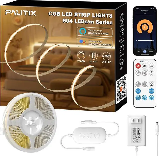 Main image of COB LED Strip Light Warm White 2700K 504LEDs/m CRI90+ 32.8ft/10m Dimmable 24V LED Tape Lights Kit Work with Alexa/Google Assistant for Under Cabinet Bedroom Kitchen DIY Lighting
