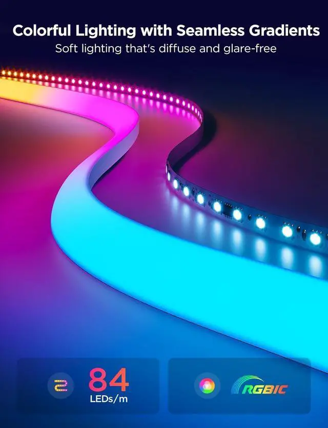 Alt view image 2 of 7 - Neon Rope Light for Wall Lining LED Rope Lights Work with Matter Google Assistant Alexa 16.4ft RGBIC Strip Lights with Smart App Control and Music Sync for Living Room Bedroom Wall Corners