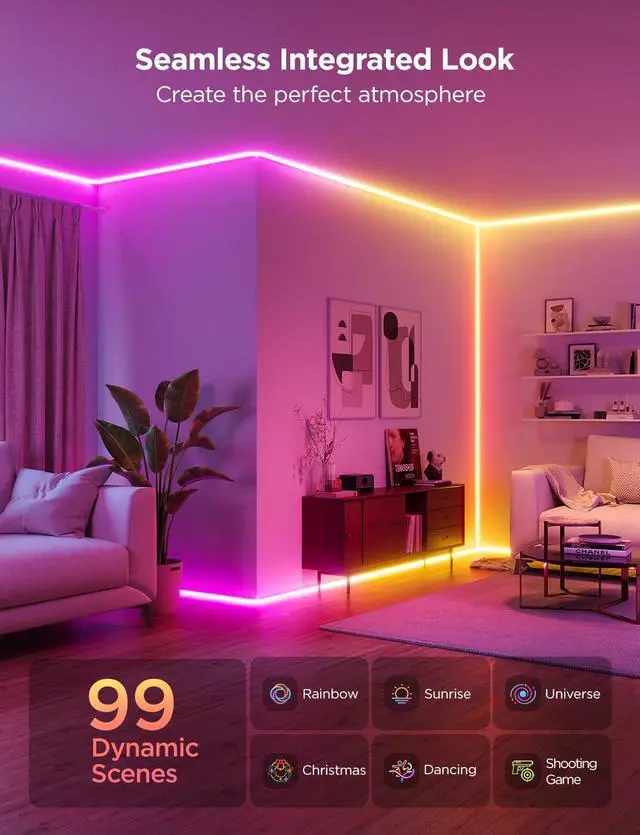 Alt view image 7 of 7 - Neon Rope Light for Wall Lining LED Rope Lights Work with Matter Google Assistant Alexa 16.4ft RGBIC Strip Lights with Smart App Control and Music Sync for Living Room Bedroom Wall Corners
