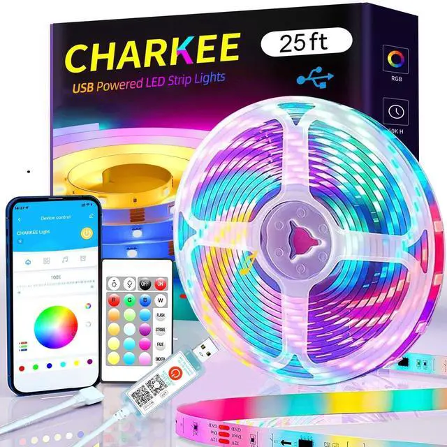 Main image of 25ft LED Strip Lights USB-Powered Color Changing RGB LED Strip Lights for Bedroom/TV Backlight/Gaming Lighting Music Sync SMD 5050 Flexible LED Lights with Remote/APP Control