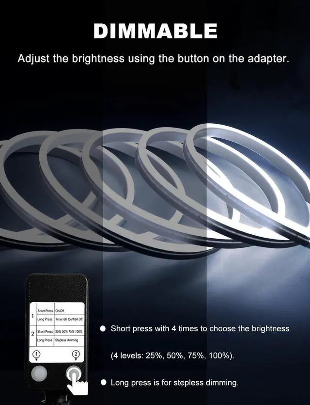 Alt view image 3 of 7 - 33Ft Neon Rope Lights 1200 LED Strip Lights with Timer Dimmable 24V Flexible Outdoor Neon Strip Light Waterproof Neon LED Strip for Bedroom DIY Wall Decor (Cool White)