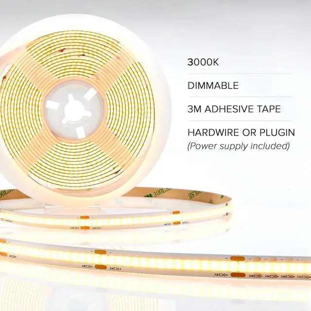 Alt view image 5 of 7 - 16.5 ft. COB LED Strip Light Spool Plug-in Or Hardwired with Power Supply 3000K Warm White Dimmable Self Adhesive Cuttable Rope Tape Light Roll for Bedroom Kitchen and Mirror