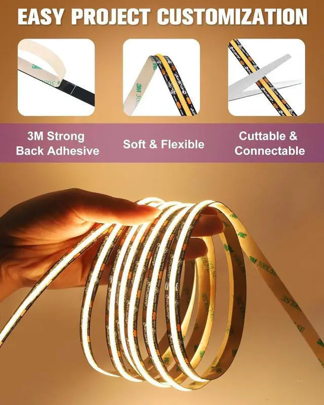 Alt view image 6 of 7 - COB LED Strip Lights Warm White 3000K 16.4ft Premium 12V Tape Light High Density 2400 LEDs 305+ LM/FT CRI 90+ IP30 Lighting for Kitchen Cabinets UL Listed (Power Source Not Included)