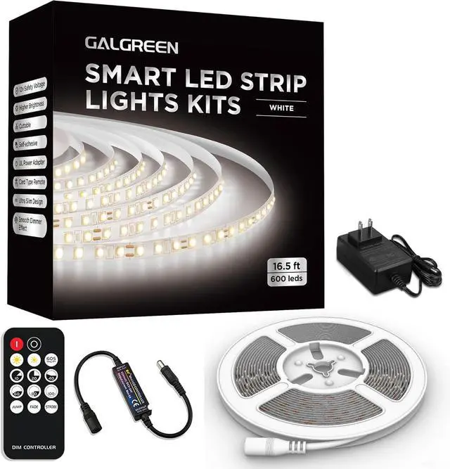 Main image of White LED Strip Lights 16.4ft Dimmable Smart LED Light Strip 6500K Bright Daylight White Strong Adhesive 600 LEDs Flexible Tape Lights for Vantiy Mirror Kitchen Cabinet Bedroom