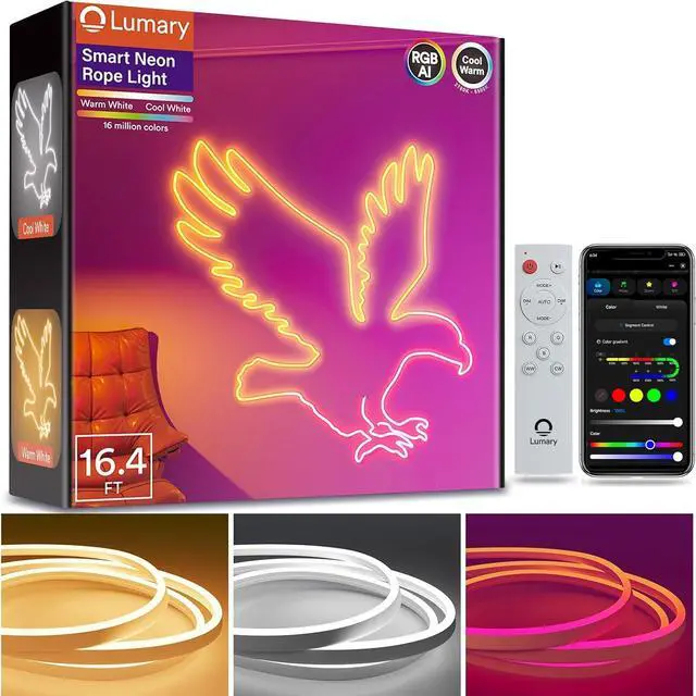 Main image of Smart RGBAICW Neon Rope Lights Indoor 16.4ft Led Strip Light Works with Alexa/Google Assistant Warm White to Cool White Rope Light for Bedroom Wall Decor Halloween Christmas 180LEDs/m