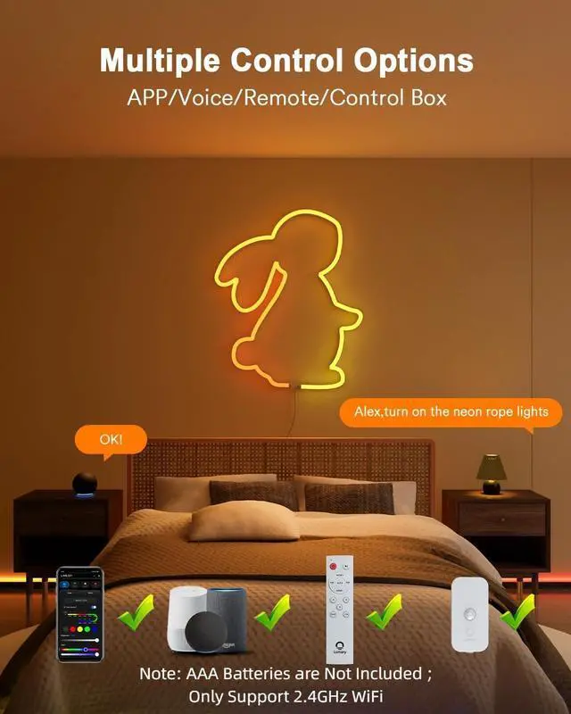 Alt view image 4 of 7 - Smart RGBAICW Neon Rope Lights Indoor 16.4ft Led Strip Light Works with Alexa/Google Assistant Warm White to Cool White Rope Light for Bedroom Wall Decor Halloween Christmas 180LEDs/m