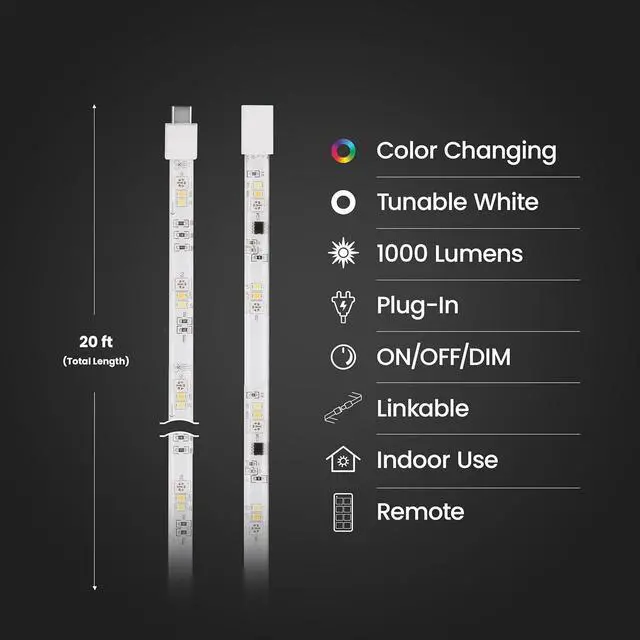 Alt view image 3 of 7 - 20ft Chasing & Tunable White LED Tape Light RGB Colors Dimmable Cut-to-Size Linkable Up to 40ft Remote Control Indoor/Outdoor Plug-in Light Strip Slim 0.4in Width TAPE240/CHASE