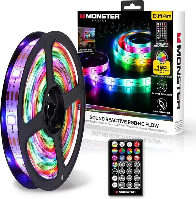 Main image of 13.1ft Color Flow Multi-Color LED Light Strip Indoor Fun Flash Mode Remote Control Dimmable Self Adhesive Timer 120 RGB+IC LEDs USB Powered Multi-White Sound Reactive