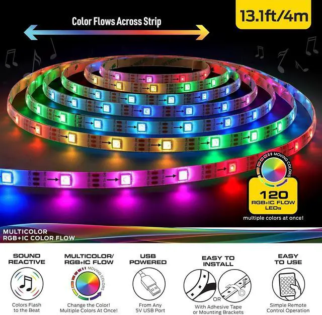 Alt view image 3 of 7 - 13.1ft Color Flow Multi-Color LED Light Strip Indoor Fun Flash Mode Remote Control Dimmable Self Adhesive Timer 120 RGB+IC LEDs USB Powered Multi-White Sound Reactive