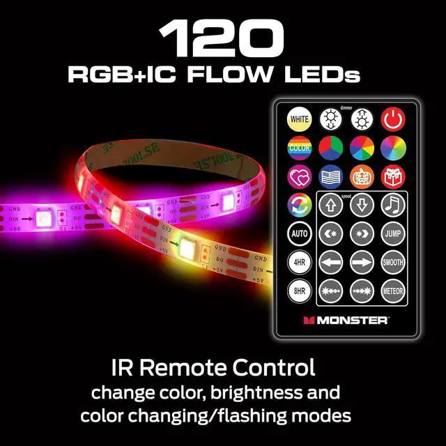 Alt view image 5 of 7 - 13.1ft Color Flow Multi-Color LED Light Strip Indoor Fun Flash Mode Remote Control Dimmable Self Adhesive Timer 120 RGB+IC LEDs USB Powered Multi-White Sound Reactive