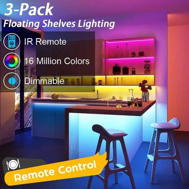 Alt view image 2 of 7 - Battery Powered LED Strip Lights Wireless RGB LED Strip Lights with 24 Keys Remote Control 20 inch x 3 Pack for Kitchen Under Cabinet Lighting Shelves Under Counter Closet Cordless Click Light