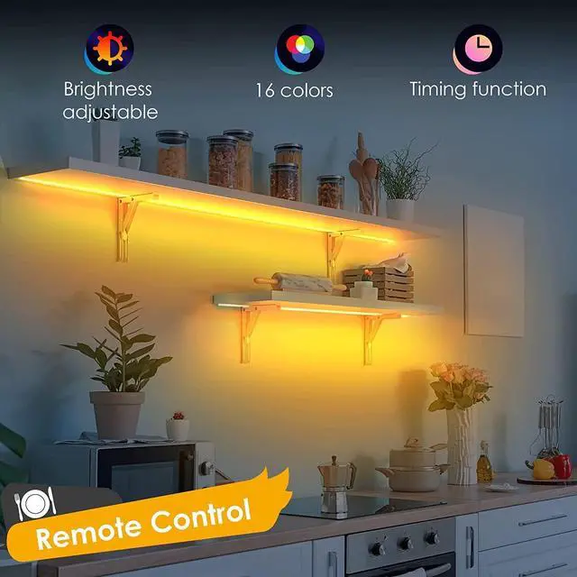 Alt view image 4 of 7 - Battery Powered LED Strip Lights Wireless RGB LED Strip Lights with 24 Keys Remote Control 20 inch x 3 Pack for Kitchen Under Cabinet Lighting Shelves Under Counter Closet Cordless Click Light
